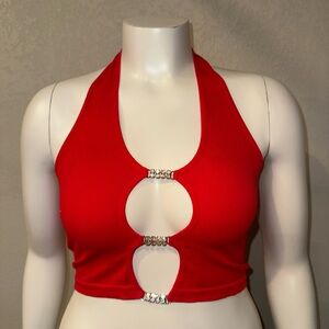 Red Halter Tank Top with Cut-Out Design